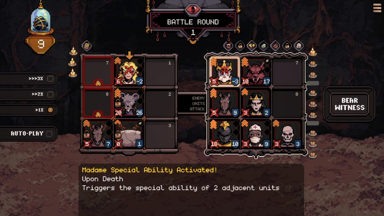 Order Automatica battle round with two 3x3 grids, candles, and Madame triggering an on-death ability
