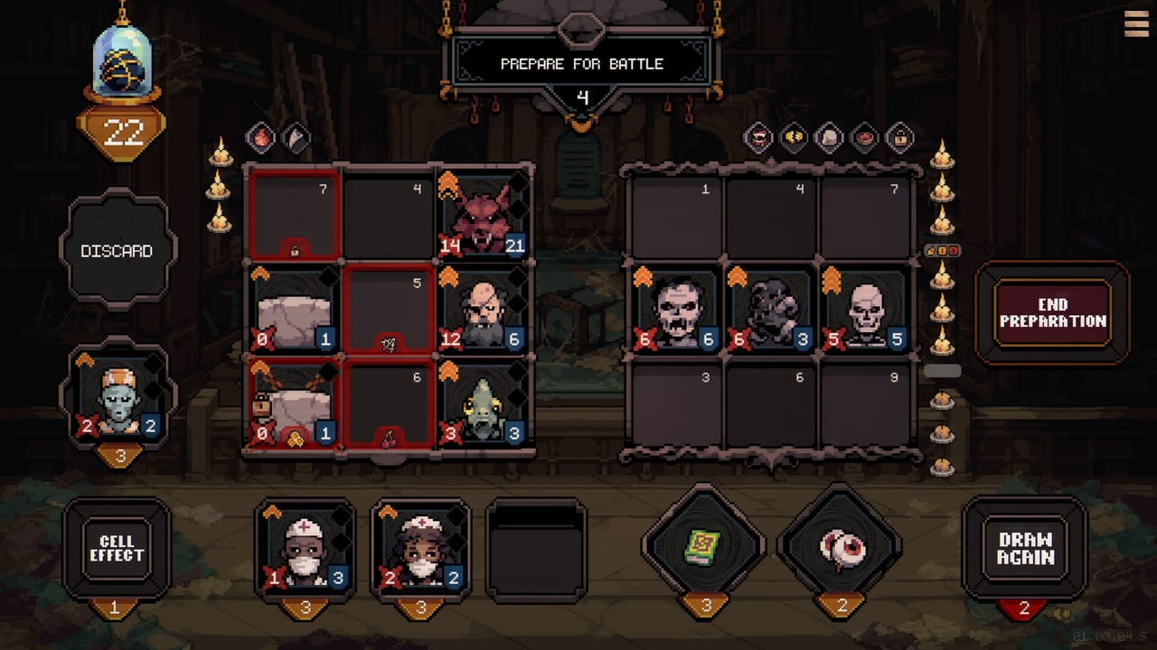 Order Automatica preparation screen showing the player grid, enemy grid, shop row, Essence orb, and Draw Again button